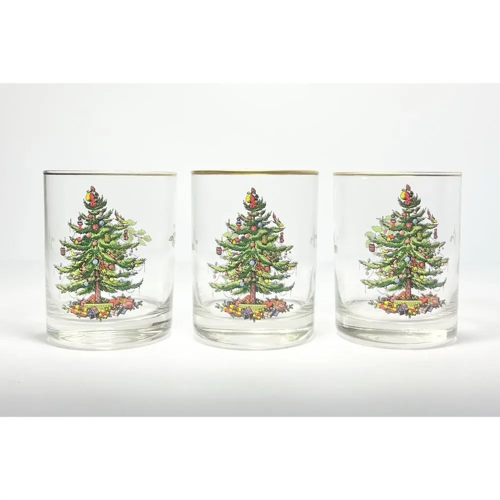 Spode “Christmas Tree” 3 Old Fashioned Tumbler Drinking Glasses 4 1/4” 14oz